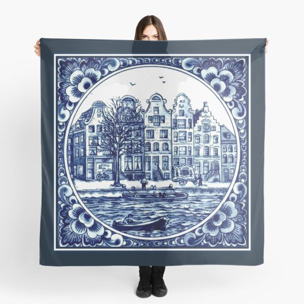 DUTCH BLUE DELFT : Vintage Boats in Canal Amsterdam Print Scarf