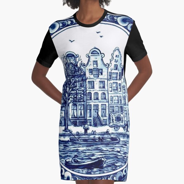 DUTCH BLUE DELFT : Vintage Boats in Canal Amsterdam Print Graphic T-Shirt Dress