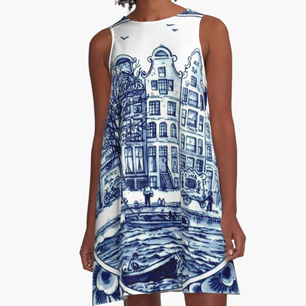 DUTCH BLUE DELFT : Vintage Boats in Canal Amsterdam Print A-Line Dress