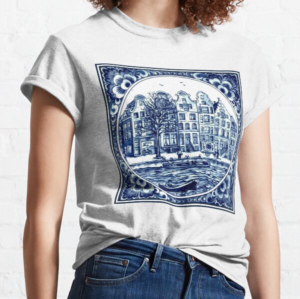 DUTCH BLUE DELFT : Vintage Boats in Canal Amsterdam Print Classic T-Shirt