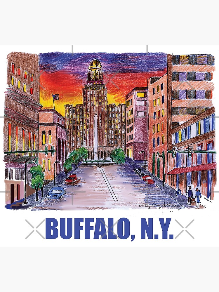 Disover Buffalo NY City Hall Downtown Whimsical Original Colorful Art Hand-Drawn by Mary Kunz Goldman Premium Matte Vertical Poster