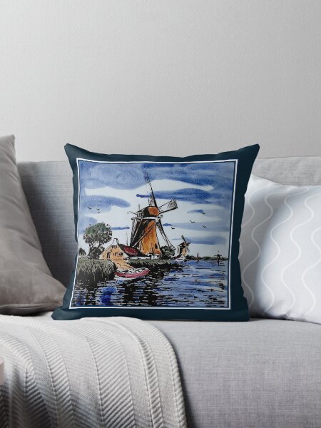 Artikel-Vorschau von DUTCH BLUE DELFT: Vintage bunte Windmühlen und Boot auf dem Fluss Druck, designt und verkauft von posterbobs.