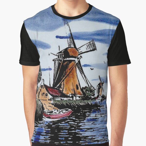Item preview,  DUTCH BLUE DELFT : Vintage Colorful Windmills and boat on River Print designed and sold by posterbobs.