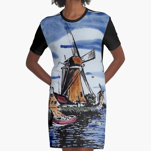  DUTCH BLUE DELFT : Vintage Colorful Windmills and boat on River Print Graphic T-Shirt Dress