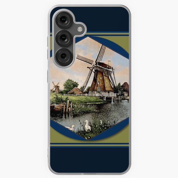 Aperçu de l'œuvre Impression de DELFT BLEU HOLLANDAIS : moulins à vent et canards colorés d'époque sur la rivière créée et vendue par posterbobs.