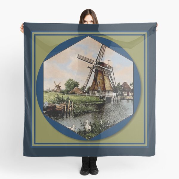 DUTCH BLUE DELFT : Vintage Colorful Windmills and Ducks on River Print Scarf