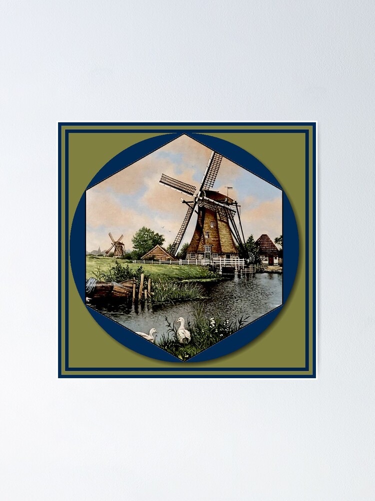 " DUTCH BLUE DELFT : Vintage Colorful Windmills and Ducks on River