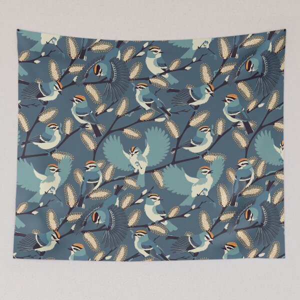 Item preview, Golden-crowned Kinglets in a Pussy Willow (Dusk) designed and sold by JadaFitch.