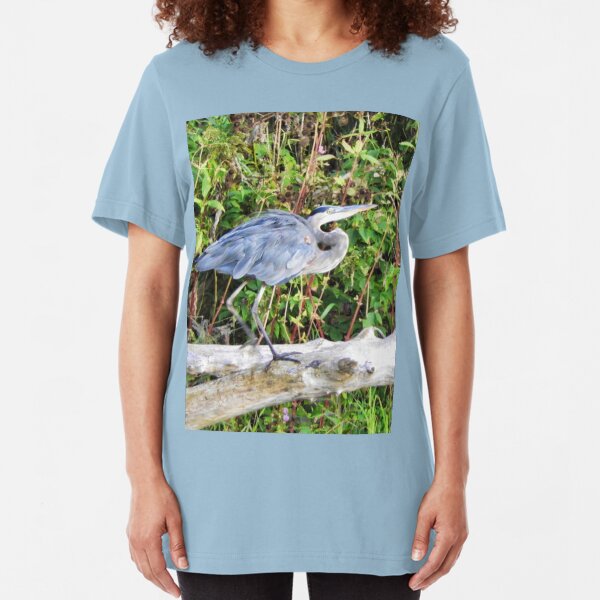 Great Blue Heron on Bare Branch Slim Fit T-Shirt