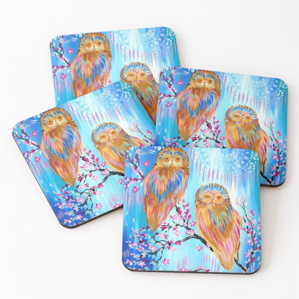 Item preview, Owls with bright colours and japanese cherry blossom branch designed and sold by CatherineJacobs.