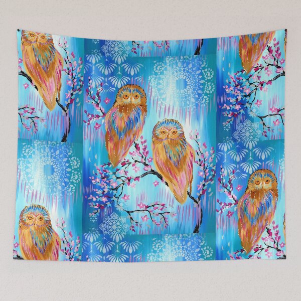 Item preview, Owls with bright colours and japanese cherry blossom branch designed and sold by CatherineJacobs.