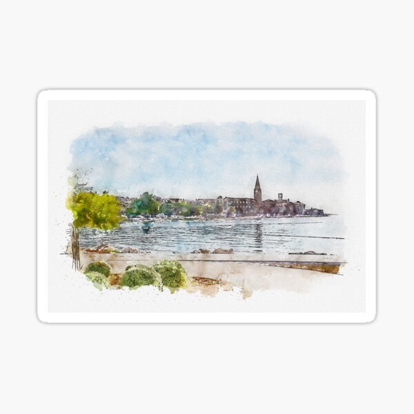 Vista previa del artículo con la obra «Aquarelle sketch art. Vista del hermoso casco antiguo de Porec desde el mar Adriático», diseñado y vendido por anytka.