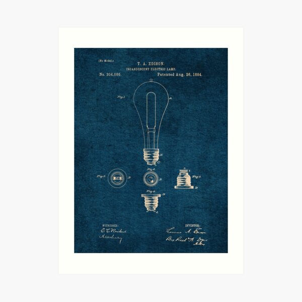 EDISON PATENTS / 01 - Incandescent Electric Lamp - Blueprint Art Print