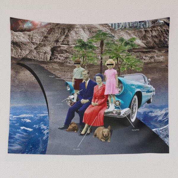 Item preview, The Royal Family sit on their Blue Cadillac in Futuristic Landscape Collage designed and sold by KALEIDOSCOPE UK.