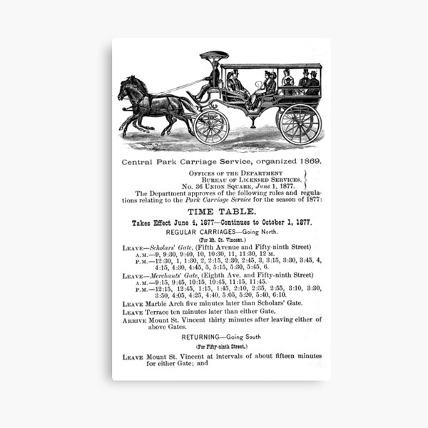 New York Central Park Carriages, 1877 Advertisement Canvas Print