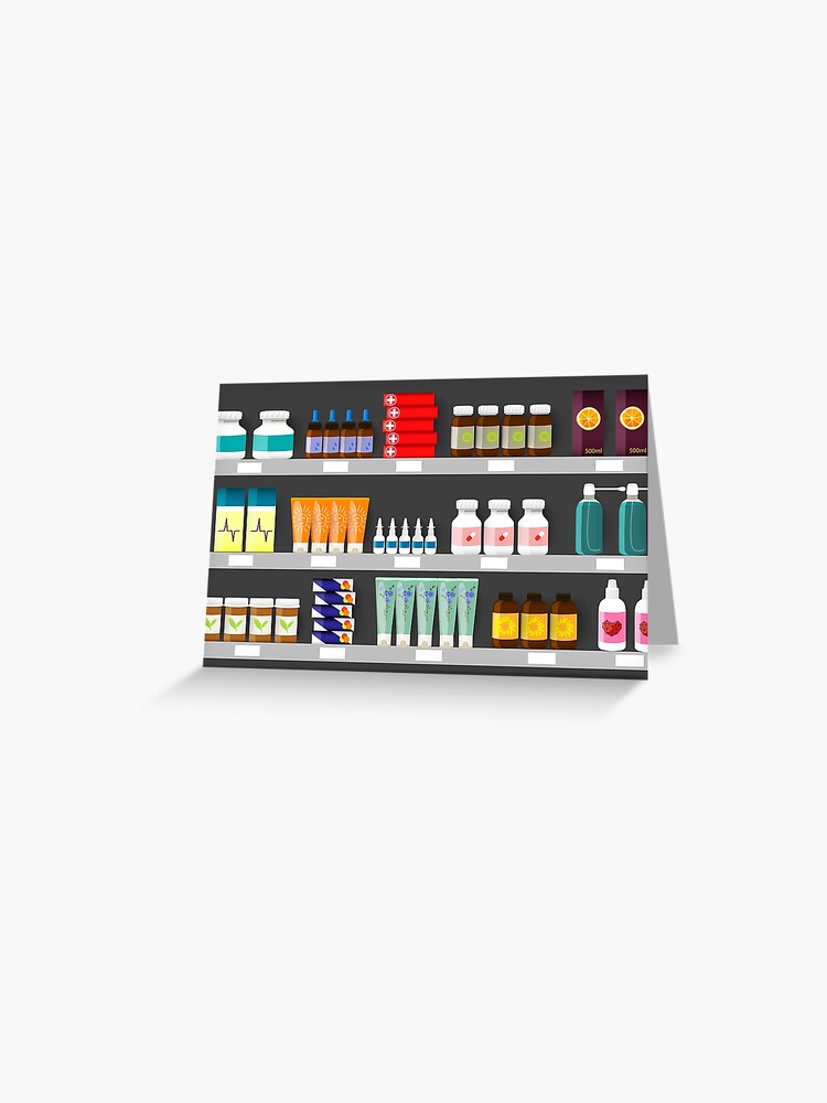 Pharmacy shelves with medicines. Pharmaceuticals, medicine bottles, drugs  and pills on shelf cartoon vector illustration, Stock vector