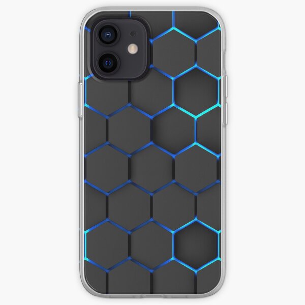 futuristic, modern design, technology, black hexagons with blue light background iPhone Soft Case