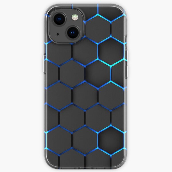 futuristic, modern design, technology, black hexagons with blue light background iPhone Soft Case