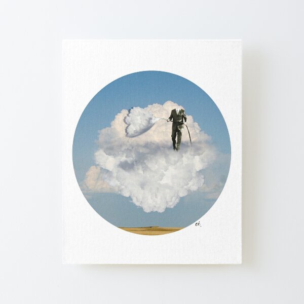 Collage surréaliste : "un ciel bleu, un champ de blé, un nuage, un fabricant de nuage" Impression montée sur toile