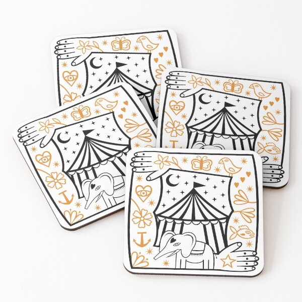 Item preview, Original Elephant and Circus Tent with Strong Man Tattooed Arms Frame Illustration (black and orange) designed and sold by wariana.
