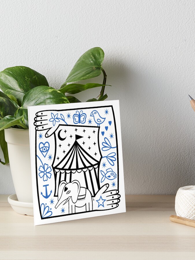 Original Elephant And Circus Tent With Strong Man Tattooed Arms Frame Illustration Black And Royal Blue Art Board Print By Wariana Redbubble