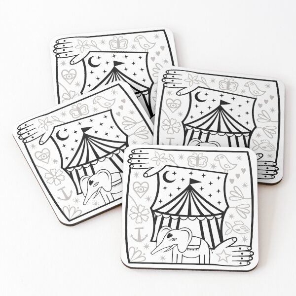 Item preview, Original Elephant and Circus Tent with Strong Man Tattooed Arms Frame Illustration (black and light grey) designed and sold by wariana.