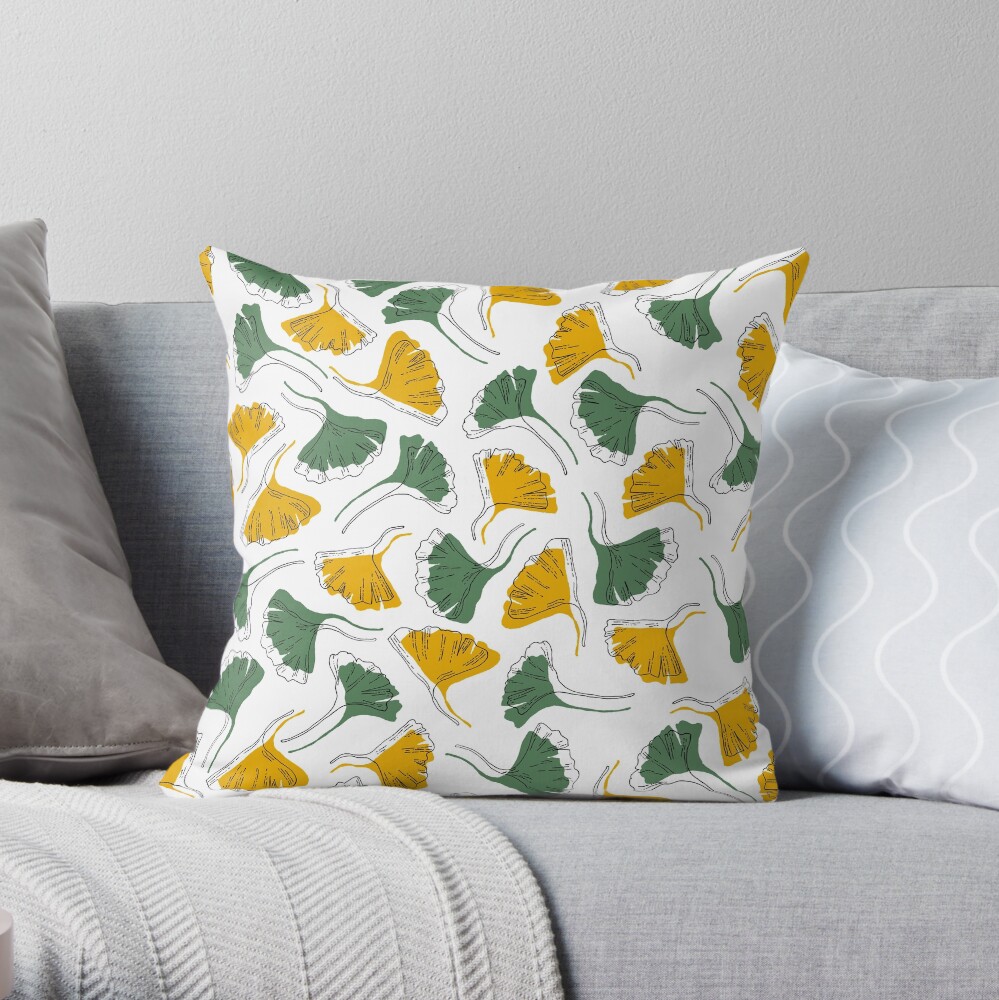 Ginkgo Biloba leaves pattern offset - Green and Yellow Throw Pillow