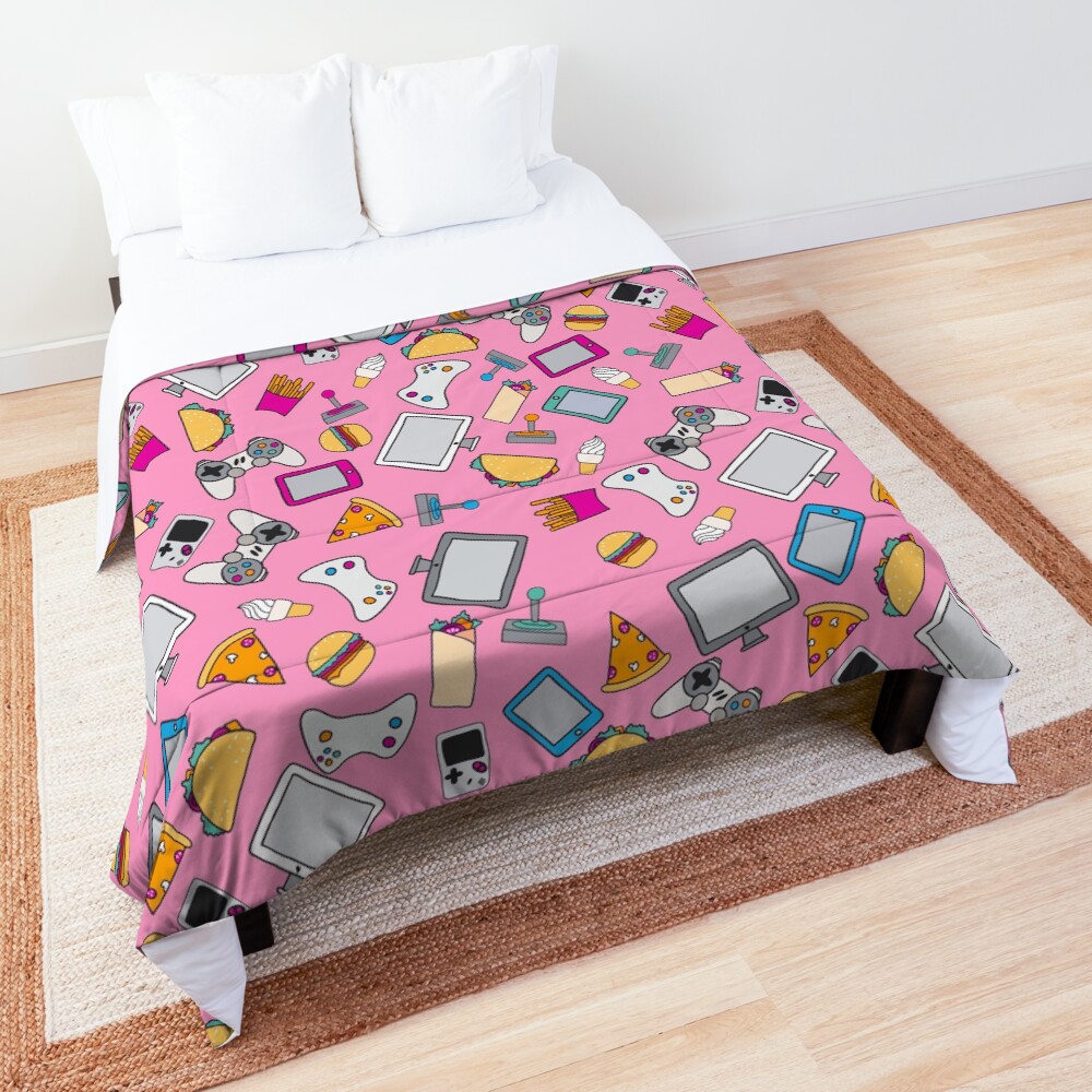 Gamer Girl Pink Fast Food Gaming Pattern Comforter