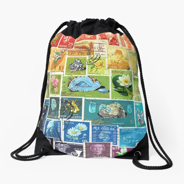 Rainbow with Flowers, Postage Stamp Collage Drawstring Bag