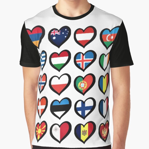 Aperçu de l'œuvre Grand Prix de la chanson Eurovision coeurs drapeaux européens sur chemises sacs et gadgets créée et vendue par leo-theo.