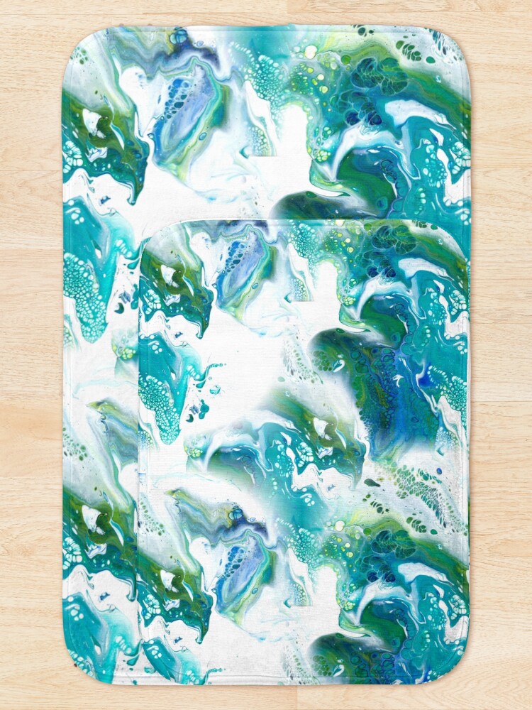 Alternate view of Blue, green, turquoise and white fluid Painting Pattern Bath Mat