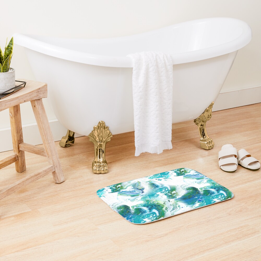 Blue, green, turquoise and white fluid Painting Pattern Bath Mat