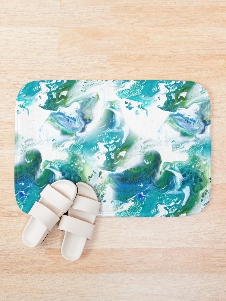 Alternate view of Blue, green, turquoise and white fluid Painting Pattern Bath Mat