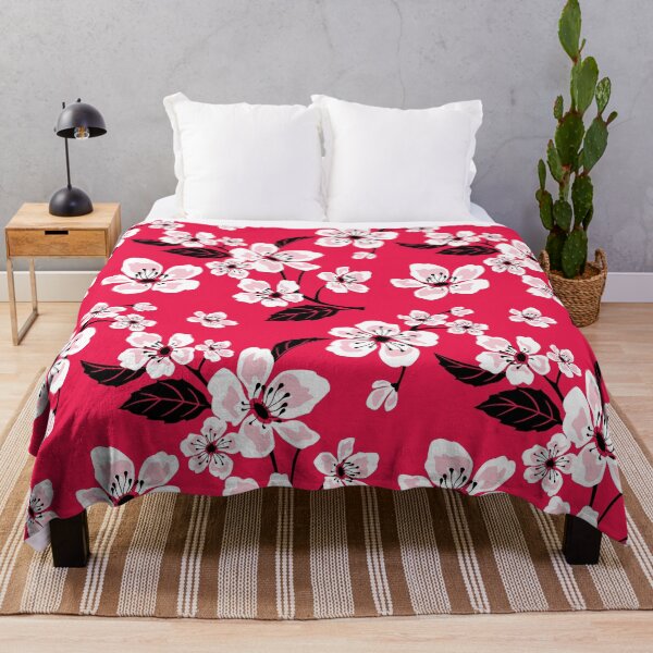 Pink Sakura Cherry Tree Flower Blooms - Aloha - Hawaiian Floral Pattern - Trendy Flower Prints Throw Blanket