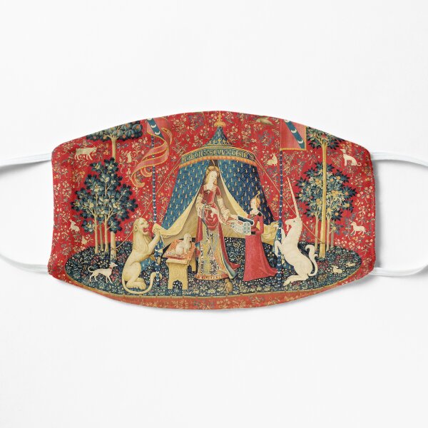LADY AND THE UNICORN DESIRE ,Lion,Fantasy Flowers,Animals,Red Green Floral Tapestry Flat Mask
