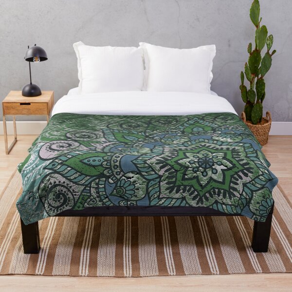 Trending Green Color Flower Mandala Boho Moroccan Style Throw Blanket