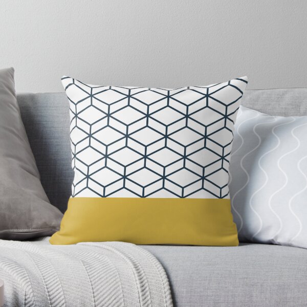 Honeycomb Geometric Lattice 2 in Mustard Yellow, Navy Blue, and White Throw Pillow