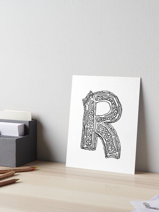 upper case black and white alphabet letter r art board print by hevifineart redbubble