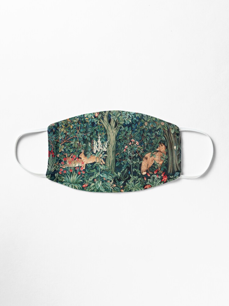 Alternate view of GREENERY, FOREST ANIMALS Fox and Hares Blue Green Floral Tapestry Mask