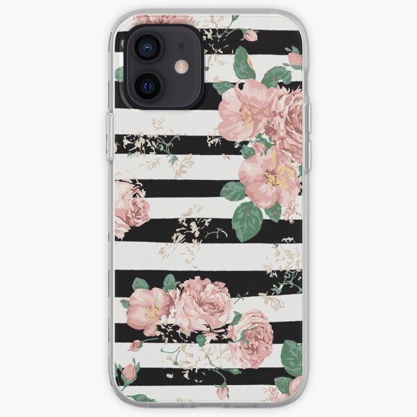 VINTAGE FLORAL ROSES BLACK AND WHITE STRIPES iPhone Soft Case