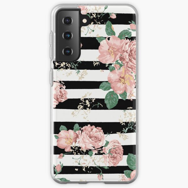 VINTAGE FLORAL ROSES BLACK AND WHITE STRIPES Samsung Galaxy Soft Case