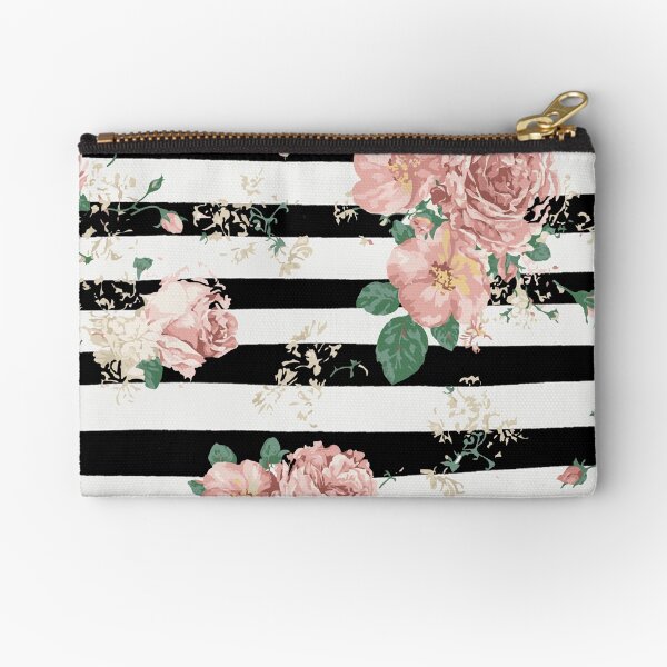 VINTAGE FLORAL ROSES BLACK AND WHITE STRIPES Zipper Pouch