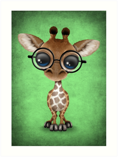 "Cute Curious Baby Giraffe Wearing Glasses on Green" Art Prints by jeff