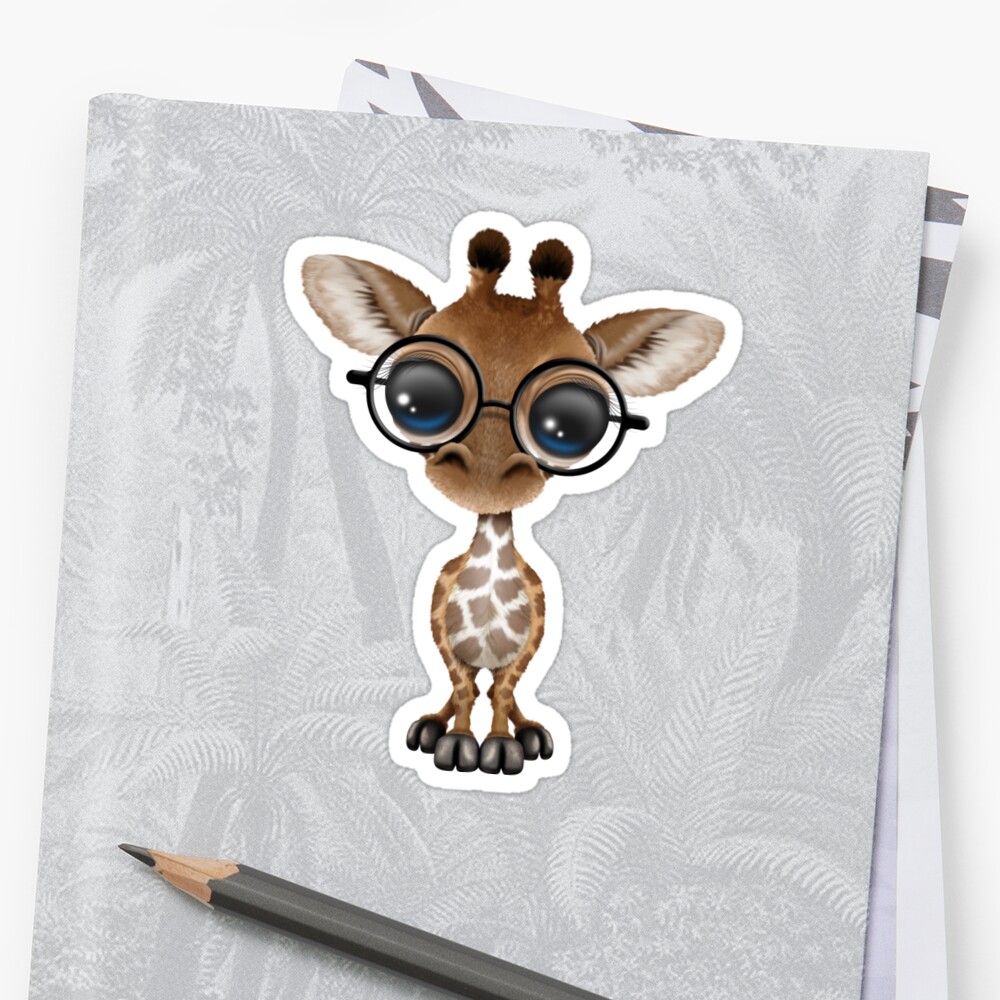 "Cute Curious Baby Giraffe Wearing Glasses on Green" Stickers by jeff