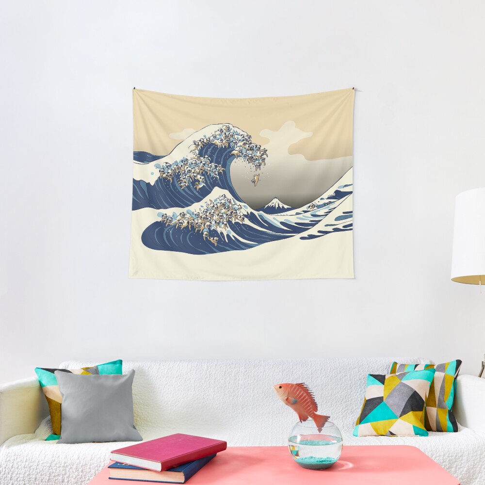 The Great Wave of Pugs Vanilla Sky Tapestry