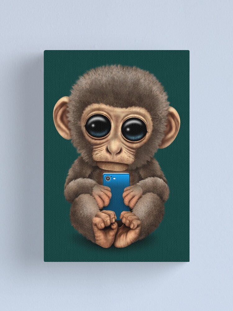 Impression Sur Toile Singe Bebe Mignon Tenant Un Telephone Cellulaire Bleu Par Jeffbartels Redbubble