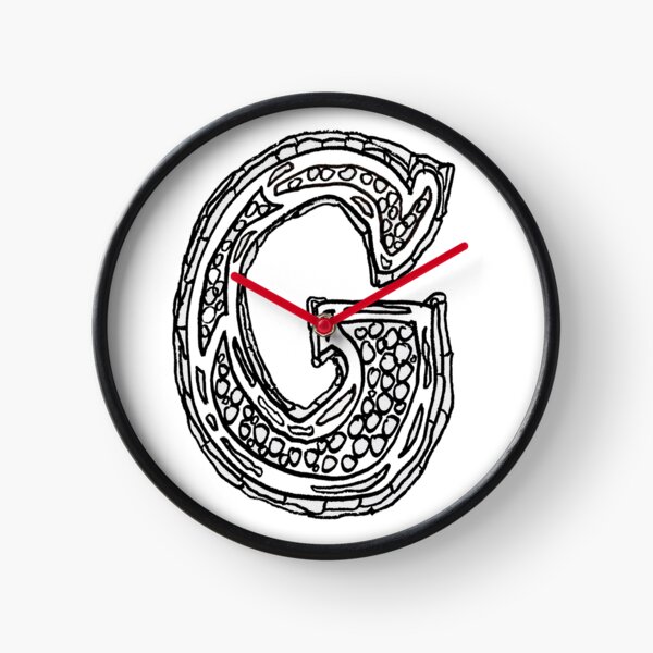 Upper case black and white alphabet Letter G Clock