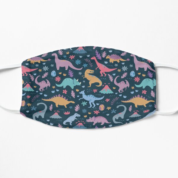 Dinosaur Pattern with Flowers and Volcanoes Flat Mask