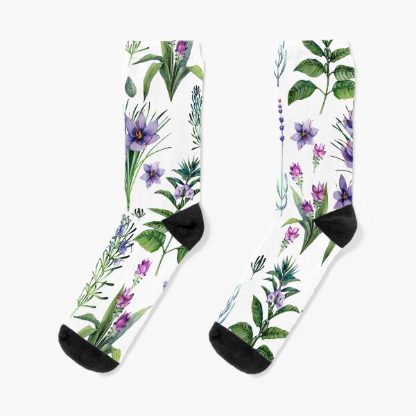 Watercolor botanical collection of herbs and spices Socks