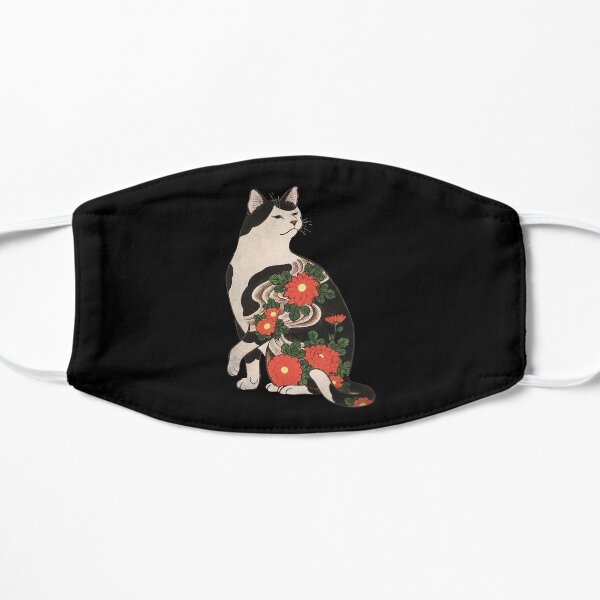 Antique Japanese Woodblock Print Cat with Flower Tattoos Flat Mask